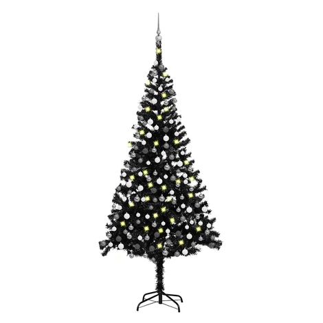 vidaXL Osvetlený umelý vianočný stromček s guľami, čierny 240 cm, PVC