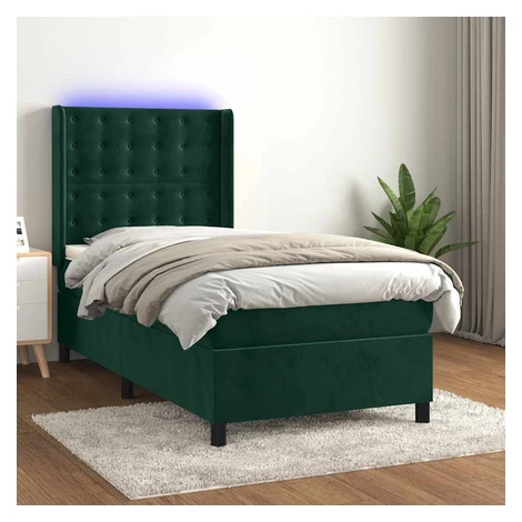 vidaXL Posteľný rám boxsping matrac a LED tmavozelený 90x190 cm zamat