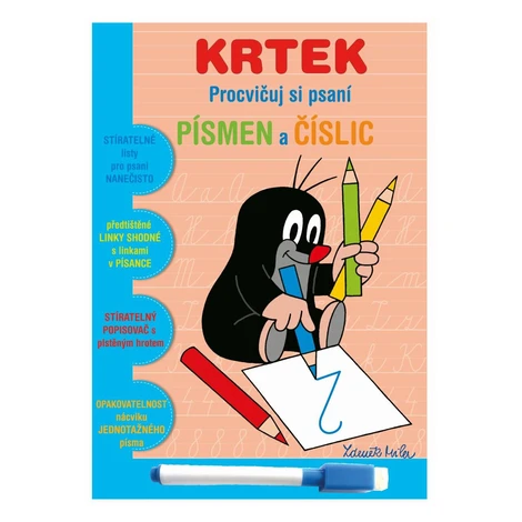 Akim Stierateľný zošit "Precvičuj si písmená a číslice" + stierateľný popisovač - Krtek 1