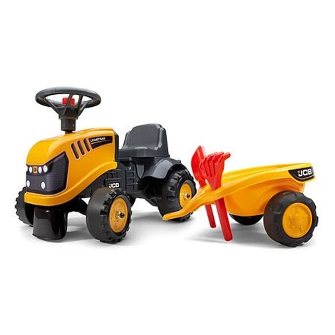FALK Odrážadlo traktor Baby JCB žltý s vozíkom a lopatou s hrabľami