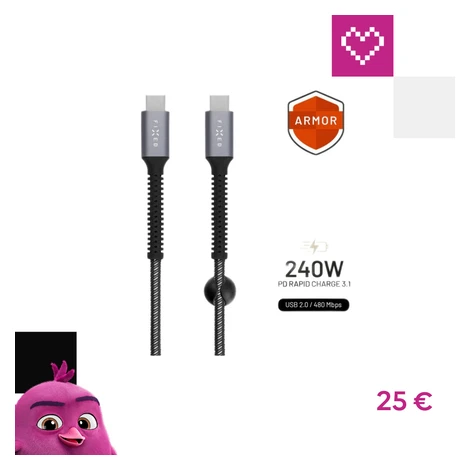 FIXED Armor USB-C/USB-C napájací kábel 240W 2m sivý