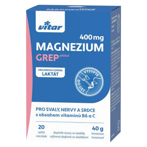 Vitar Magnézium 400 mg + Vitamíny B6 a C vrecúška s príchuťou manga 20 ks Vitar Veteriane