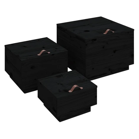 vidaXL Úložné boxy s vekom 3 ks čierne masívna borovica