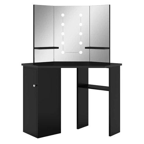 vidaXL Rohový toaletný stolík s LED čierny 111x54x141,5 cm