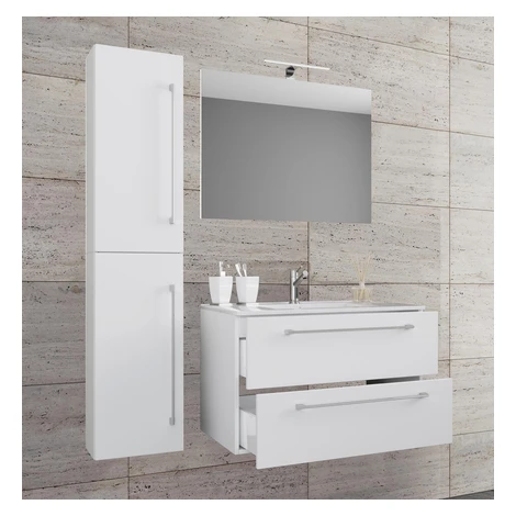 4-dielna umývadlová skrinka Badinos 2 zásuvky so zrkadlom 80 cm + vysoká skrinka, biela