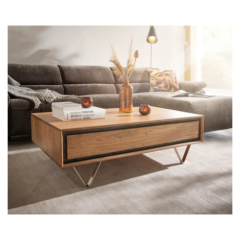 DELIFE Konferenčný stolík Stonegrace 115x60 cm akácia prírodná 2 zásuvky kamenná dyha