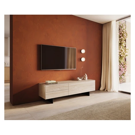 DELIFE TV stolík Cuor 180 cm keramika Laminam® Travertino Bianco krémovo biela 1 výklopné dvierk
