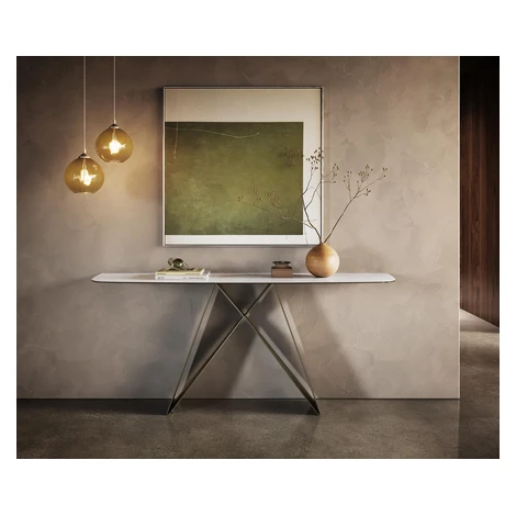 DELIFE Konzolový stolík Edge zaoblený tvar 180×40 cm keramika onyx perla Velio kov titánová farb