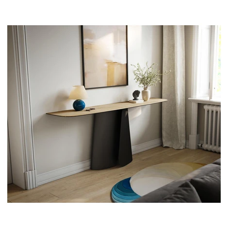 DELIFE Konzolový stolík Edge zaoblený 180×40 cm keramika Laminam® sabbia dubová farba Livos kov 