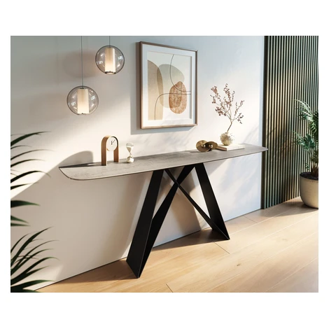 DELIFE Konzolový stolík Edge zaoblený 180×40 cm keramika betónová sivá Velio kov čierna