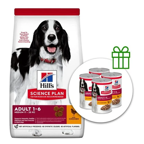 Hill's Science Plan granule pre dospelých psov stredných plemien s kuracím 14 kg + 4 konzervy ZA