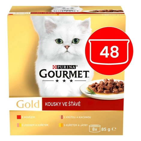 Gourmet Gold konzervy pre mačky hovädzie, morka a kačica, losos a kura, kura a pečeň v šťave 48x