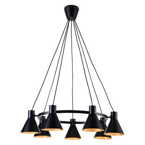 Moderný závesný luster na lanku MORE - 7xE27, 40W, čierny / zlatý