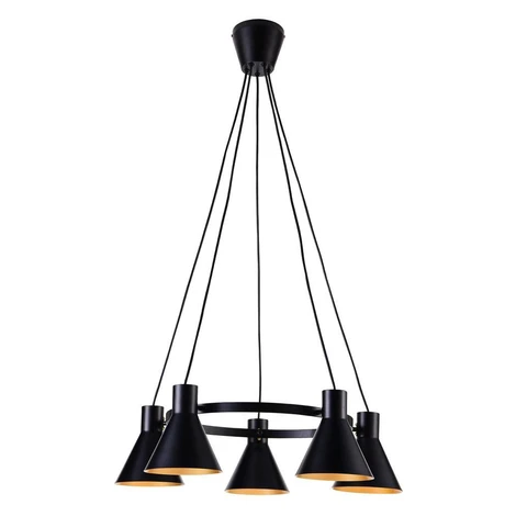 Moderný závesný päťramenný luster na lanku MORE - 5xE27, 40W, čierny / zlatý