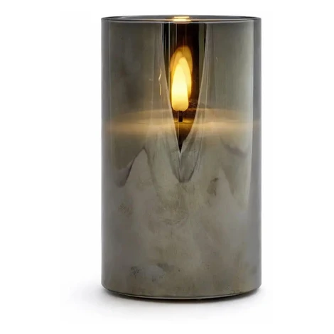 Sviečka LED na batérie v skle, Ø 7,5 × 15 cm, sivá, 2× AA, teplá biela DecoLED