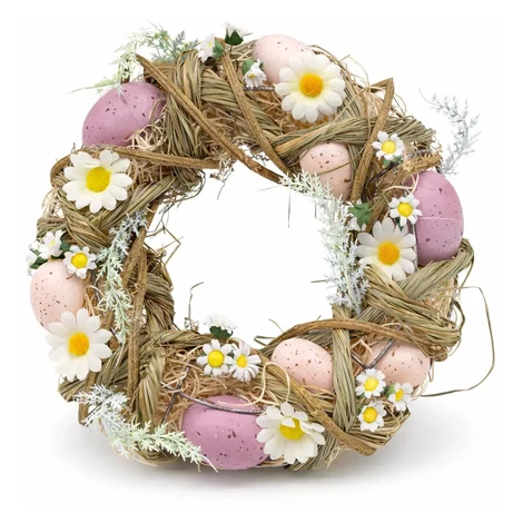 Veľkonočný veniec na dvere 24 × 8 cm, staré ružové vajíčka a sedmokrásky, plastový, vonkajší DecoLED