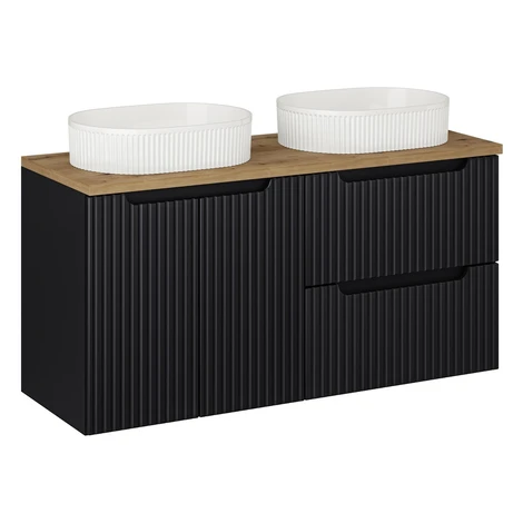 Závesná skrinka Nova Black Beyond s doskou a umývadlom 120 cm čierna/dub evoke Comad