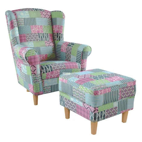 KONDELA Astrid kreslo (ušiak) s taburetkou vzor patchwork M1 Tempo Kondela