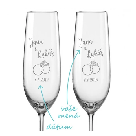 Svadobné poháre na sekt Prstienky s kvetmi, 2 ks