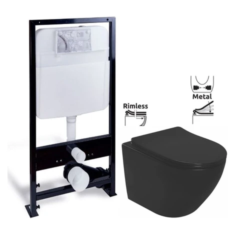 PRIM predstenový inštalačný systém bez tlačidla + WC REA CARLO MINI RIMLESS ČIERNY MAT + SEDADLO