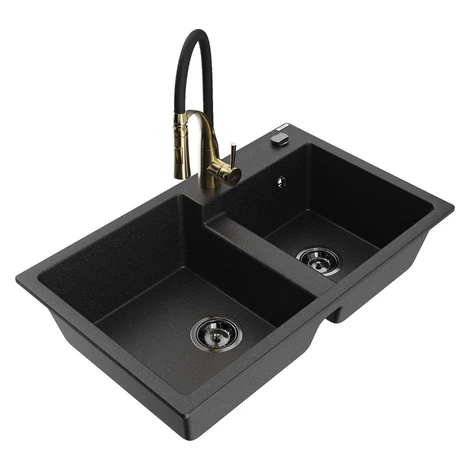 MEXEN/S MEXEN/S - Tomas granitový drez 2-bowl vrátane batérie Aster, čierna/strieborná metalík 6