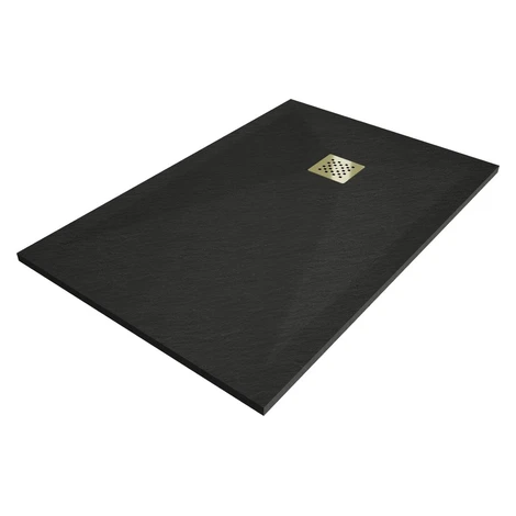 MEXEN/S - Stone+ obdĺžniková sprchová vanička 140 x 100, čierna, mriežka zlatá 44701014-G
