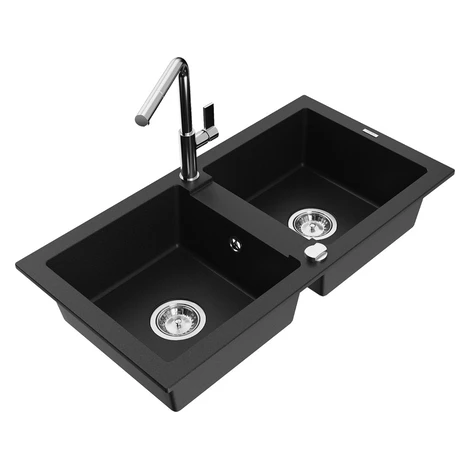 MEXEN/S MEXEN/S - Mario granitový drez 2-bowl vrátane batérie Flora, čierna 6504-77-670401-00