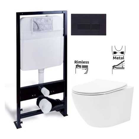 PRIM predstenový inštalačný systém s čiernym tlačidlom 20/0044 + WC REA Carlo Flat Mini Rimlesss