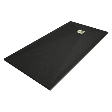 MEXEN/S - Stone+ obdĺžniková sprchová vanička 160 x 90, čierna, mriežka zlatá 44709016-G