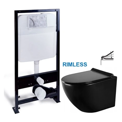 PRIM predstenový inštalačný systém bez tlačidla + WC MEXEN LENA ČERNÁ Rimless + SEDADLO PRIM_20/