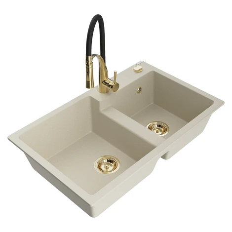 MEXEN/S MEXEN/S - Tomas granitový drez 2-bowl vrátane batérie Aster, béžová 6516-69-73450-57-G