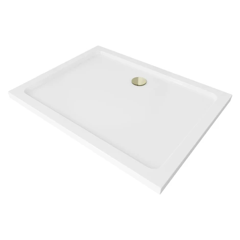 MEXEN/S - Flat sprchová vanička obdĺžniková slim 90 x 70, biela + zlatý sifón 40107090G